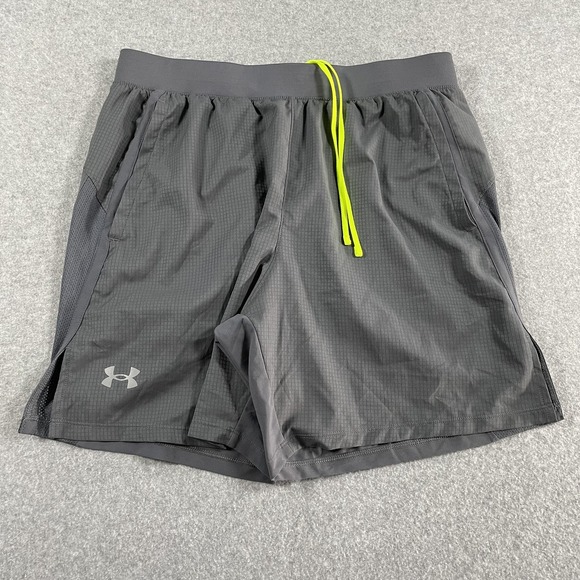 Under Armour Running Training Shorts Large Gray Neon Drawstring Lightweight Mens - Picture 1 of 8